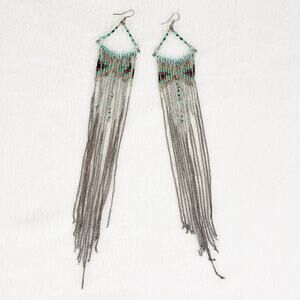 Beaded Earrings Boho Hand Crafted Chain Beads Fringe Long Dangle Turquoise